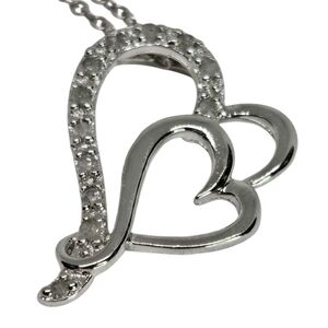 MWS 925 Sterling Silver Double Heart Pendant With Diamond Necklace Made In Italy